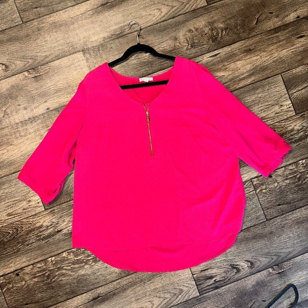 Hot Pink 3/4 Sleeve Women's Blouse Gold Zipper - Picture 2 of 9